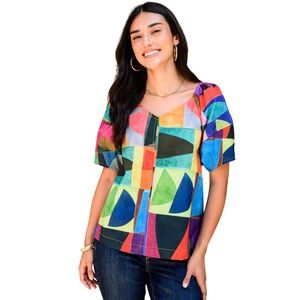 Ivy Jane Womens Mod Squad Colorful Patchwork Cotton Top Size L Artsy‎ Statement